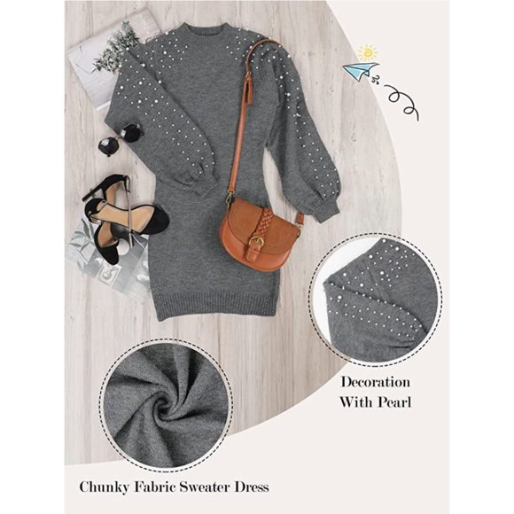 Gray Knit Pearl Embellished Lantern Sleeve Long Sleeve Bodycon Mini Dress - Picture 5 of 8